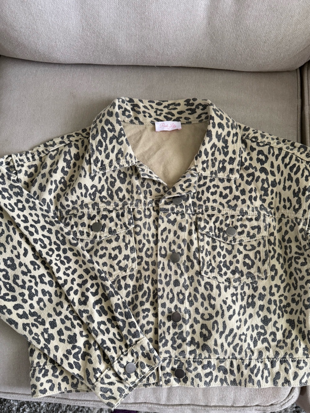 Pink Lily Leopard Print Button-Up jean jacket Beige and Black